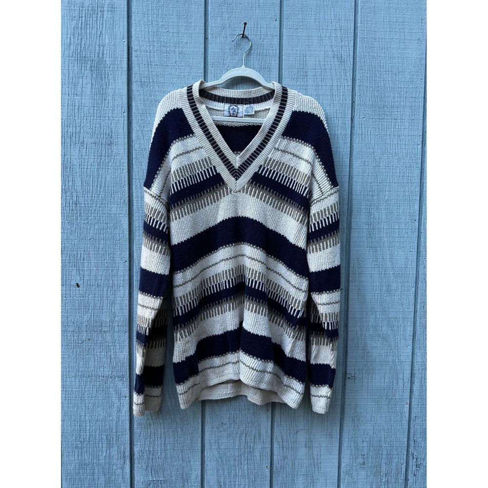 Vintage Sears Roebuck & Co. Striped‎ V-Neck 100% Cotton Knit Sweater Mens XXL